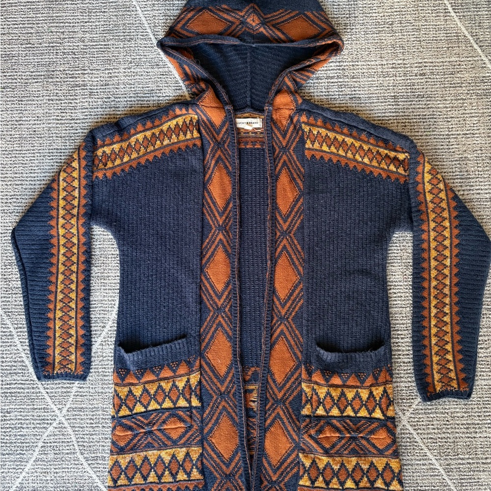 Lucky Brand Hooded Cardigan in Dark Blue and Rust